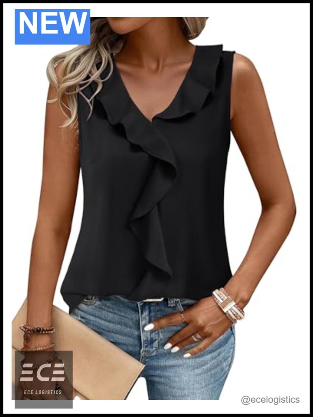 Women's Sleeveless V-Neck Ruffle Tank Top Business Casual Blouse